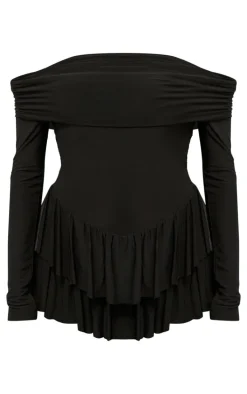 Black Slinky Long Sleeve Bardot Rara Skort Romper