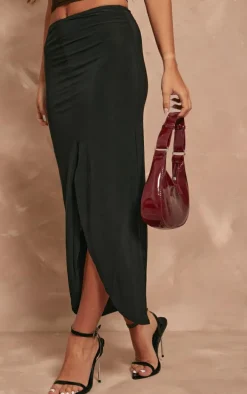 Black Slinky Low Rise Midaxi Split Front Skirt