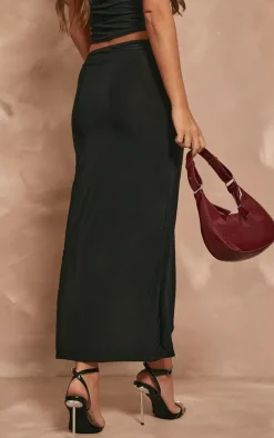 Black Slinky Low Rise Midaxi Split Front Skirt