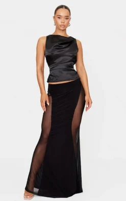 Black Slinky Mesh Detail Maxi Skirt