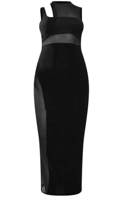 Black Slinky Mesh Insert Racer Midaxi Dress