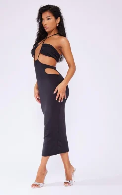 Black Slinky Multi Cut Out Cross Neck Midaxi Dress
