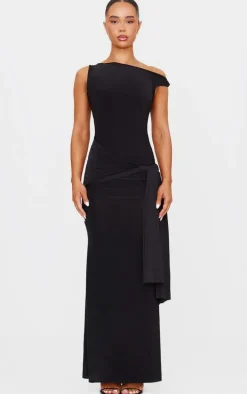 Black Slinky Off Shoulder Wrap Detail Maxi Dress