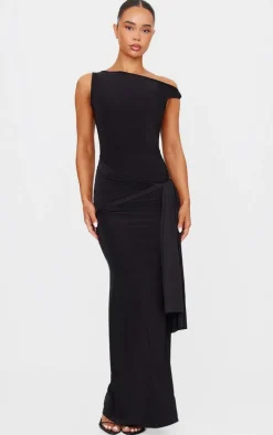Black Slinky Off Shoulder Wrap Detail Maxi Dress