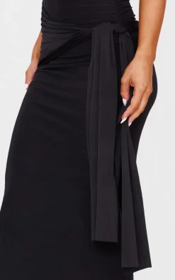 Black Slinky Off Shoulder Wrap Detail Maxi Dress