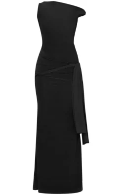 Black Slinky Off Shoulder Wrap Detail Maxi Dress