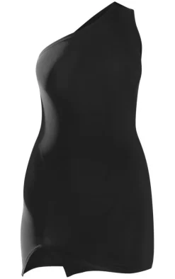 Black Slinky One Shoulder Asymmetric Bodycon Dress