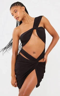 Black Slinky One Shoulder Twist Skirt Extreme Cut Out Bodycon Dress