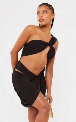 Black Slinky One Shoulder Twist Skirt Extreme Cut Out Bodycon Dress