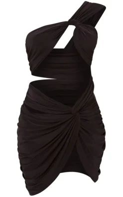 Black Slinky One Shoulder Twist Skirt Extreme Cut Out Bodycon Dress