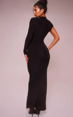 Black Slinky One Shoulder Cut Out Maxi Dress