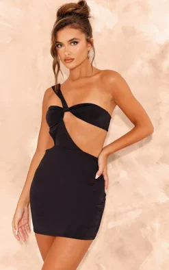 Black Slinky One Shoulder Twist Bodycon Dress