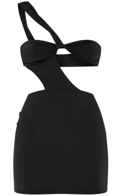 Black Slinky One Shoulder Twist Bodycon Dress