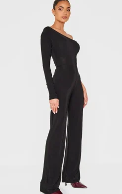 Black Slinky One Shoulder Flare Jumpsuit