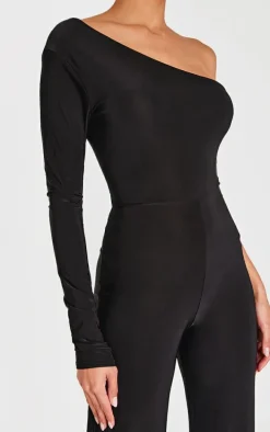 Black Slinky One Shoulder Flare Jumpsuit