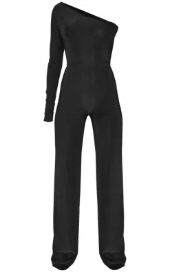 Black Slinky One Shoulder Flare Jumpsuit