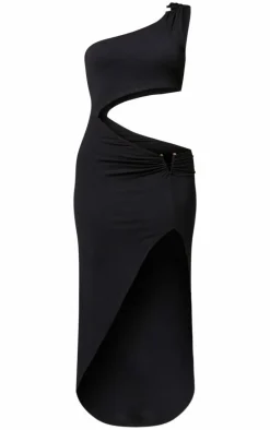 Black Slinky One Shoulder Trim Detail Cut Out Midaxi Dress