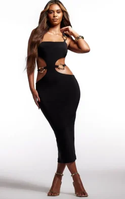 Black Slinky One Shoulder Trim Detail Midaxi Dress