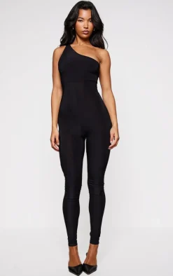 Black Slinky One Shoulder Twist Back Detail Jumpsuit