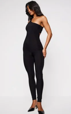 Black Slinky One Shoulder Twist Back Detail Jumpsuit