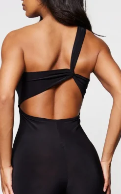 Black Slinky One Shoulder Twist Back Detail Jumpsuit