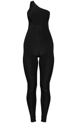 Black Slinky One Shoulder Twist Back Detail Jumpsuit