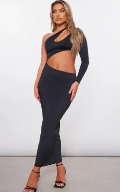 Black Slinky One Sleeve Cut Out Maxi Dress