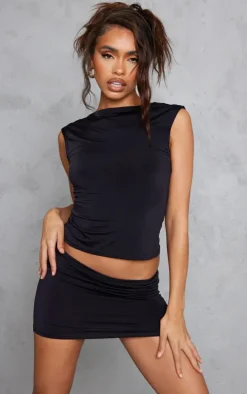 Black Slinky Open Back Cap Sleeve Longline Top