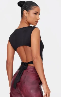 Black Slinky Open Back Tie Detail Long Top