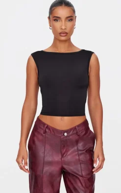 Black Slinky Open Back Tie Detail Long Top