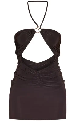 Black Slinky Ring Detail Halter Neck Mini Dress