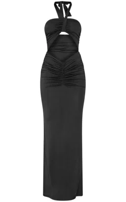 Black Slinky Ruched Cut Out Halter Knot Detail Maxi Dress