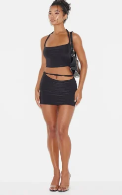 Black Slinky Ruched Front Micro Mini Skirt