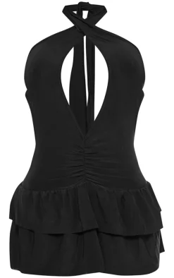 Black Slinky Ruched Halterneck Skort Romper