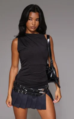 Black Slinky Ruched Side Shoulder Detail Top