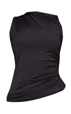 Black Slinky Ruched Side Shoulder Detail Top