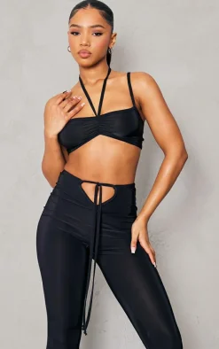 Black Slinky Ruched Strappy Halterneck Detailed Bralet
