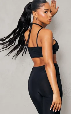 Black Slinky Ruched Strappy Halterneck Detailed Bralet