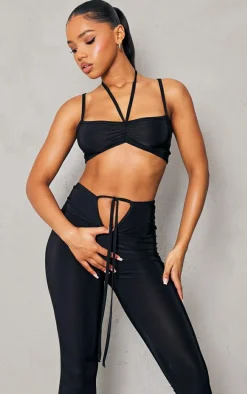 Black Slinky Ruched Strappy Halterneck Detailed Bralet