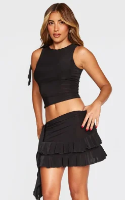 Black Slinky Ruffle Detail Top