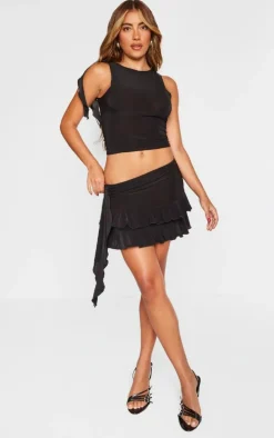 Black Slinky Ruffle Detail Top