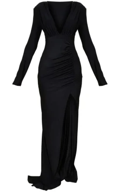 Black Slinky Shoulder Pad Wrap Skirt Ruched Maxi Dress