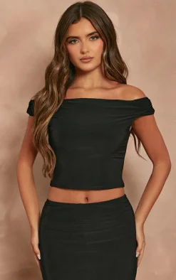 Black Slinky Slash Neck Off The Shoulder Top