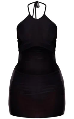 Black Slinky Spaghetti Strap Halterneck Cut Out Bodycon Dress