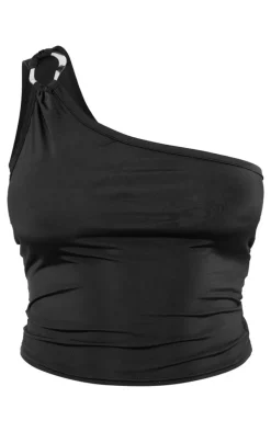 Black Slinky Trim Detail Asymmetric Crop Top