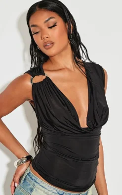 Black Slinky Trim Detail Cowl Long Top