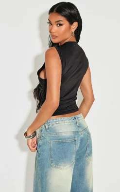 Black Slinky Trim Detail Cowl Long Top