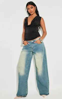 Black Slinky Trim Detail Cowl Long Top