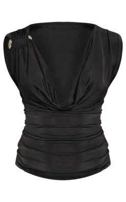 Black Slinky Trim Detail Cowl Long Top
