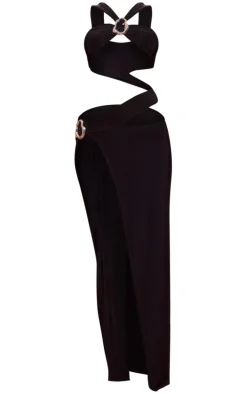 Black Slinky Trim Thigh Split Detail Maxi Dress